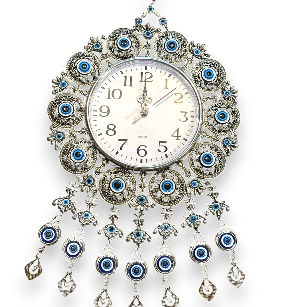 Evil Eye Wall Clock Silver Tone Filigree Nazar Beads Quartz Boho Decor 17.5in‎